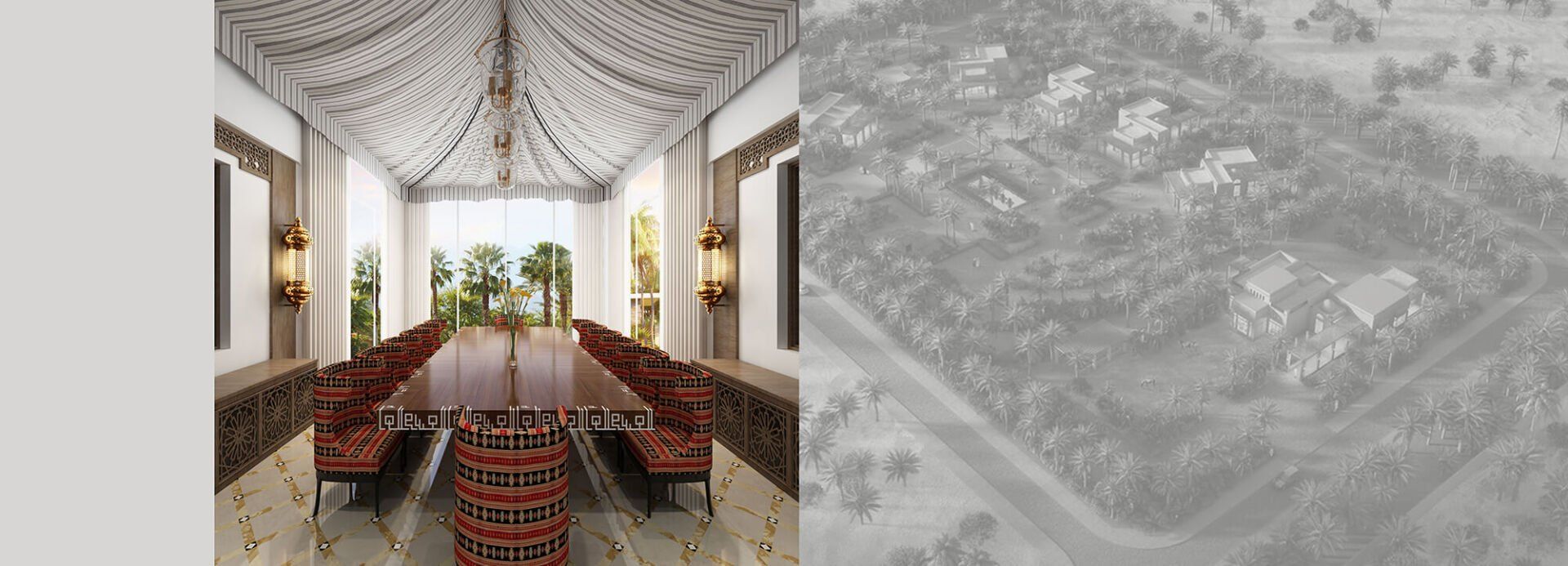 Luxurious dining room next to an aerial shot of a suburb.