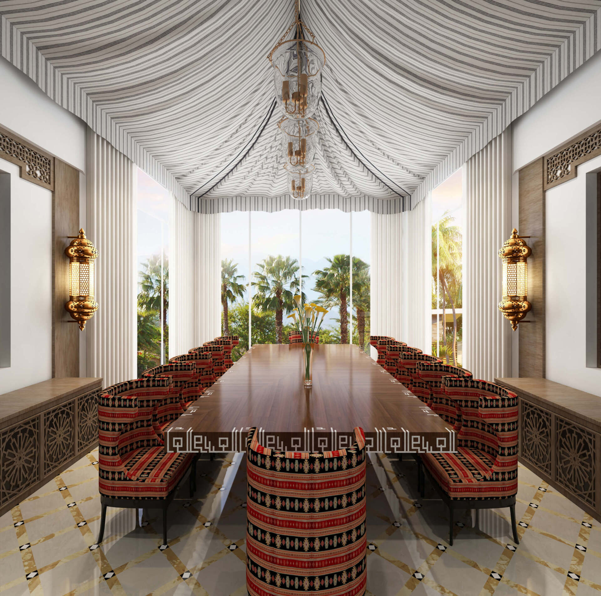 Elegant dining room with long wooden table and patterned chairs, with draped ceiling and outdoor view.