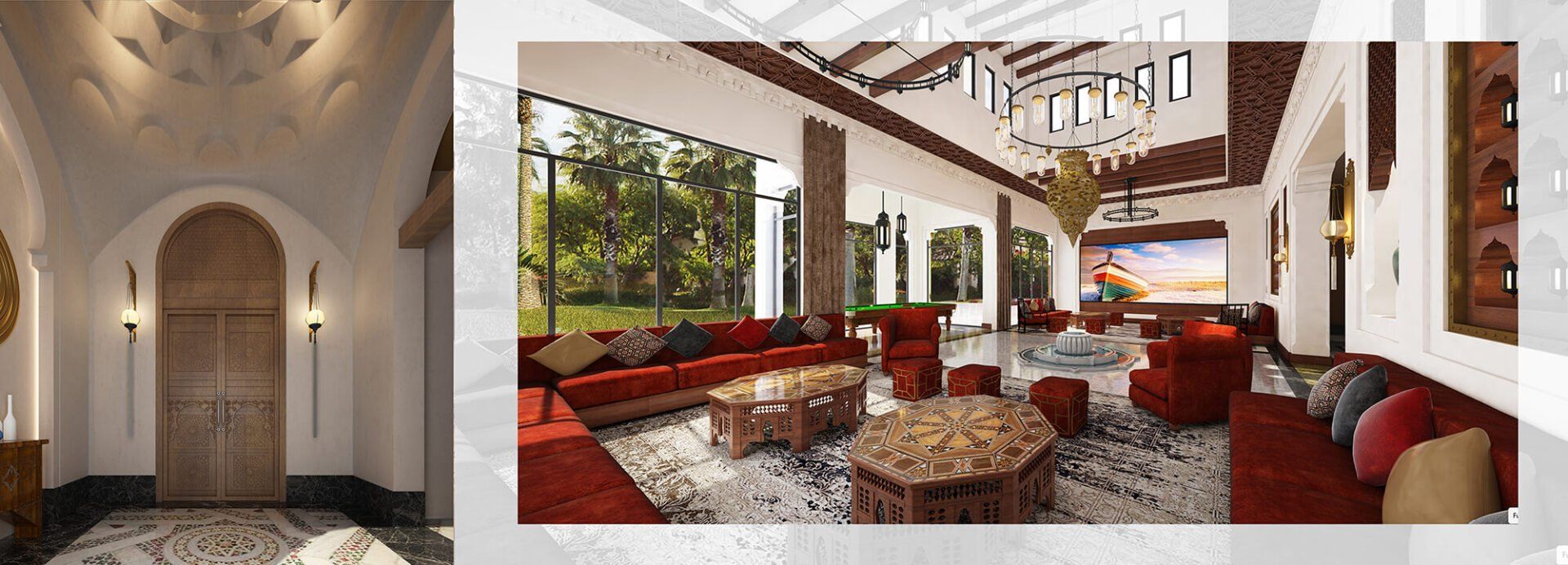 An elaborate home interior with a red seating area, wooden door, and an open window.