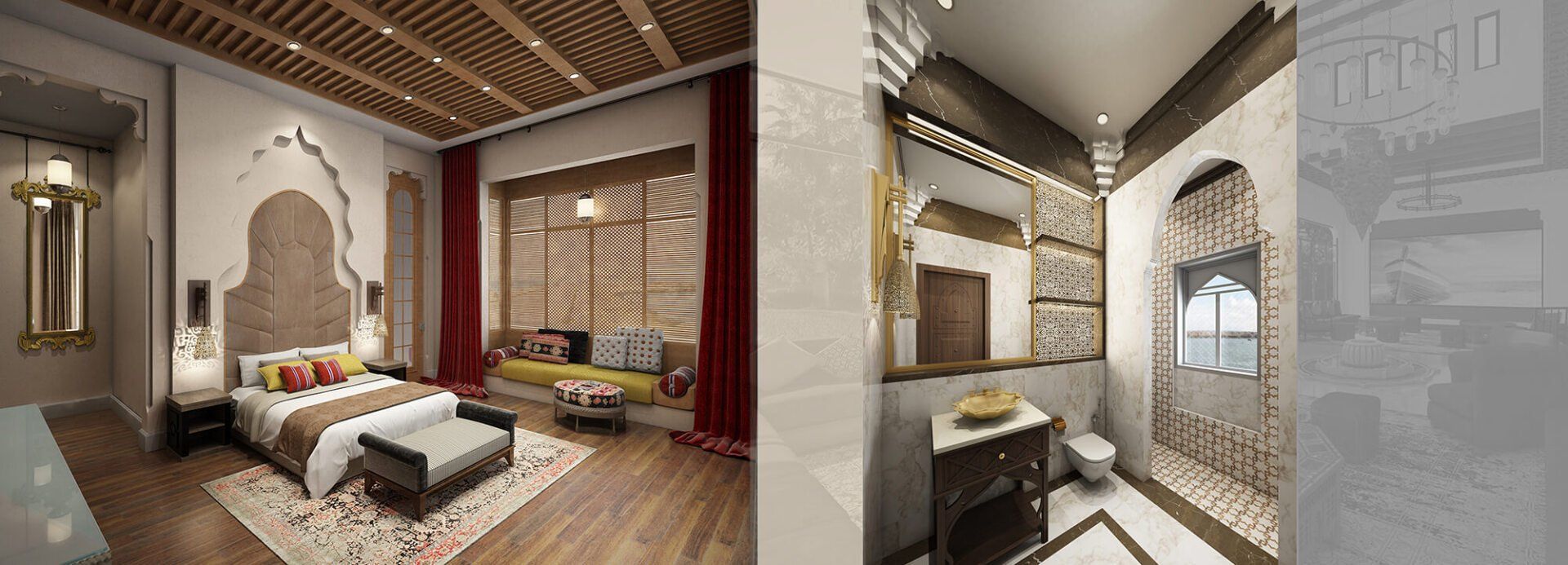 Bedroom and bathroom with ornate wooden accents and patterned walls.