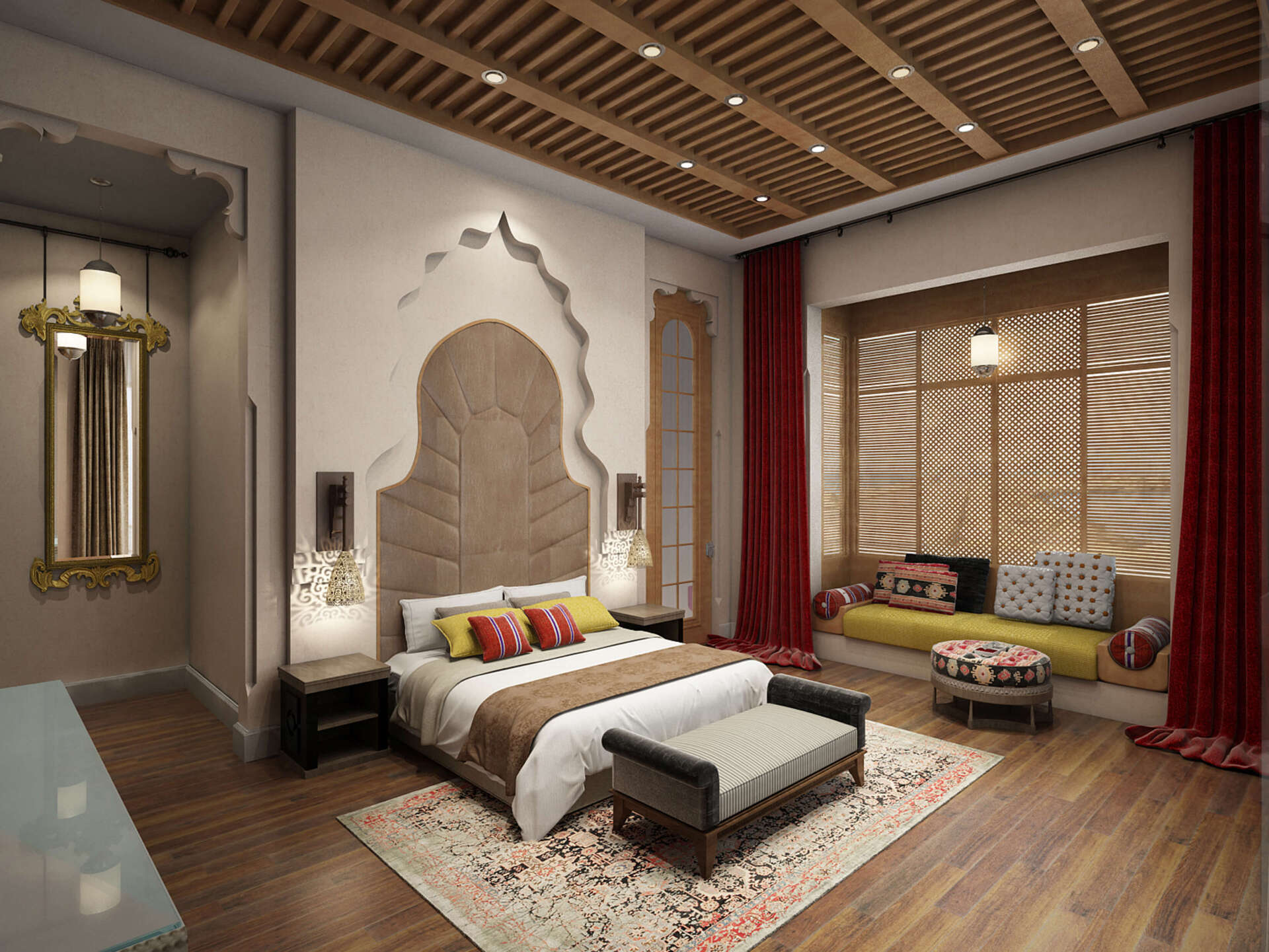 Moroccan-style bedroom with arched headboard, red curtains, patterned rug, and window seat with pillows.