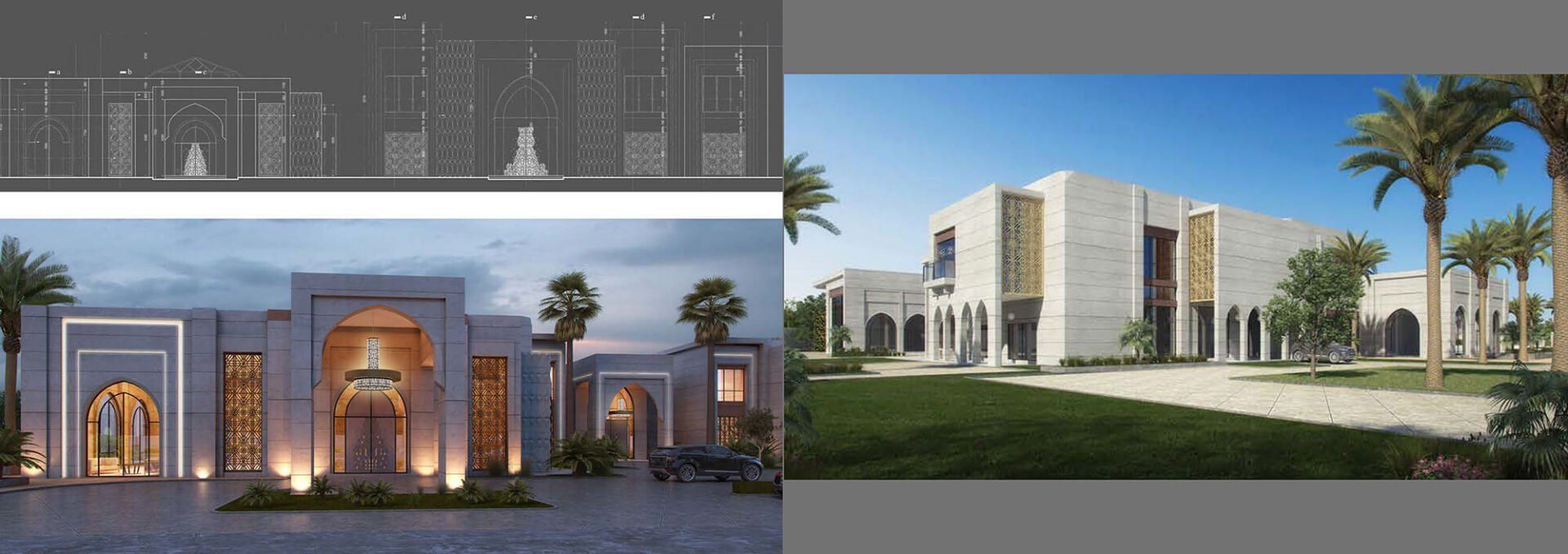 Architectural rendering of a building complex with arches and palm trees.