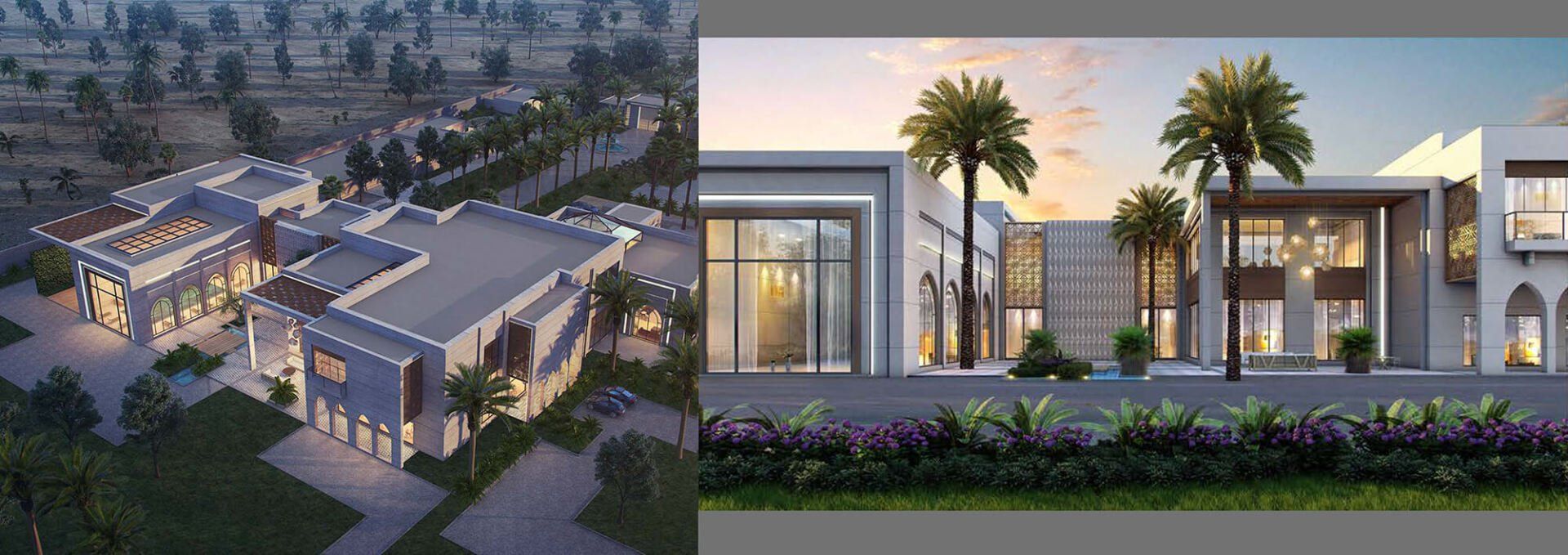 Modern villas with palm trees, showcasing contemporary architectural design in a desert landscape.