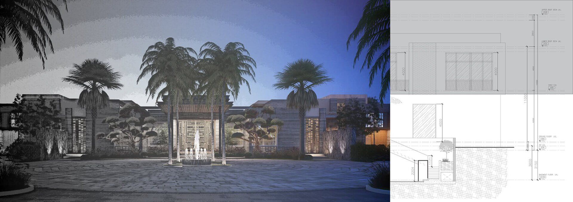 Night rendering of a modern building entrance with palm trees, and architectural drawings.
