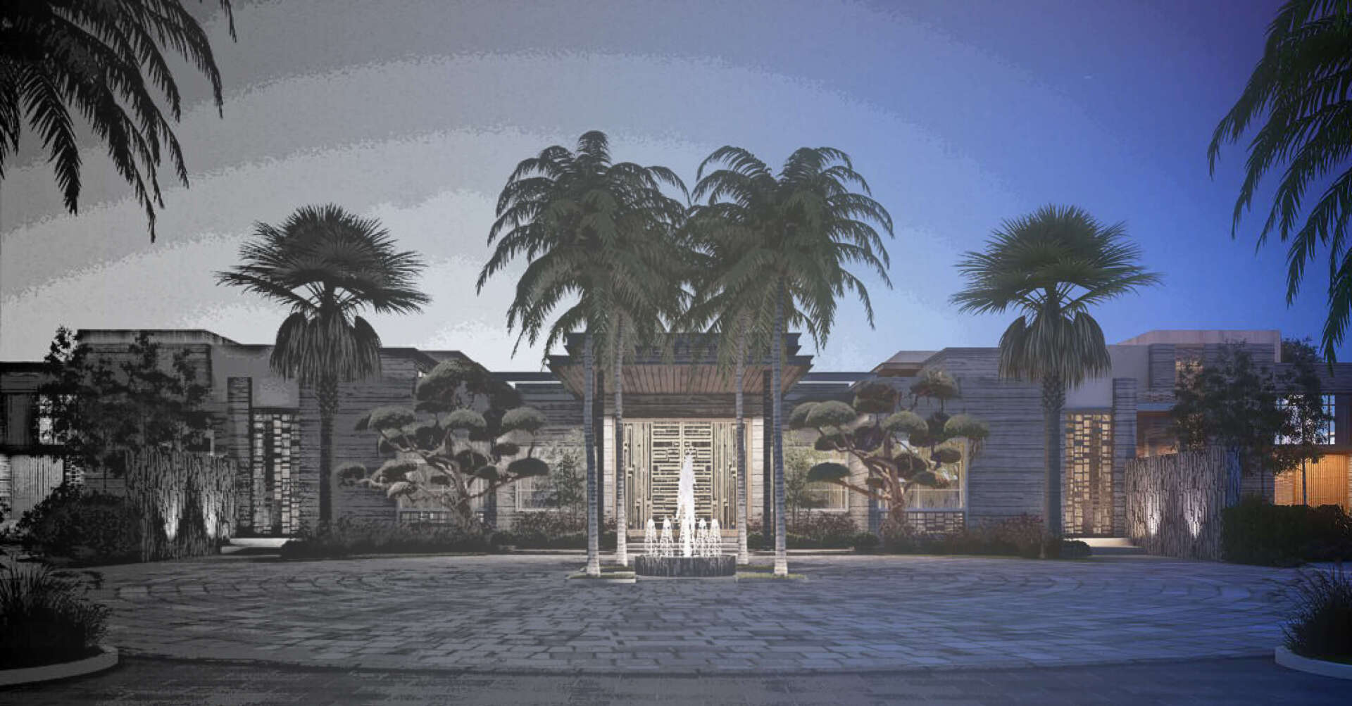 Mansion entrance at dusk with palm trees and lights. Black and white foreground fades to a blue sky.
