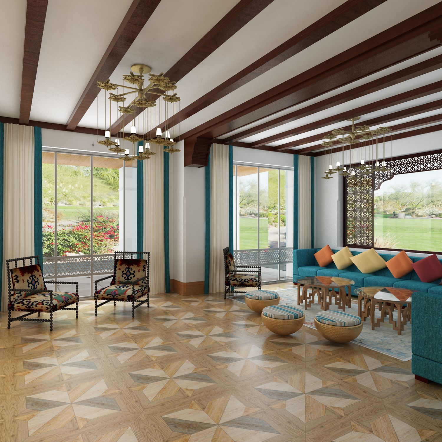 A luxurious living room with patterned flooring, teal accents, and ornate furniture.