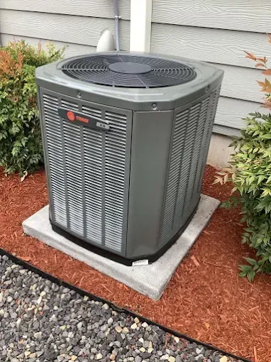 A Trane air conditioning unit sits on a concrete pad surrounded by mulch and shrubs next to a gray siding house wall.