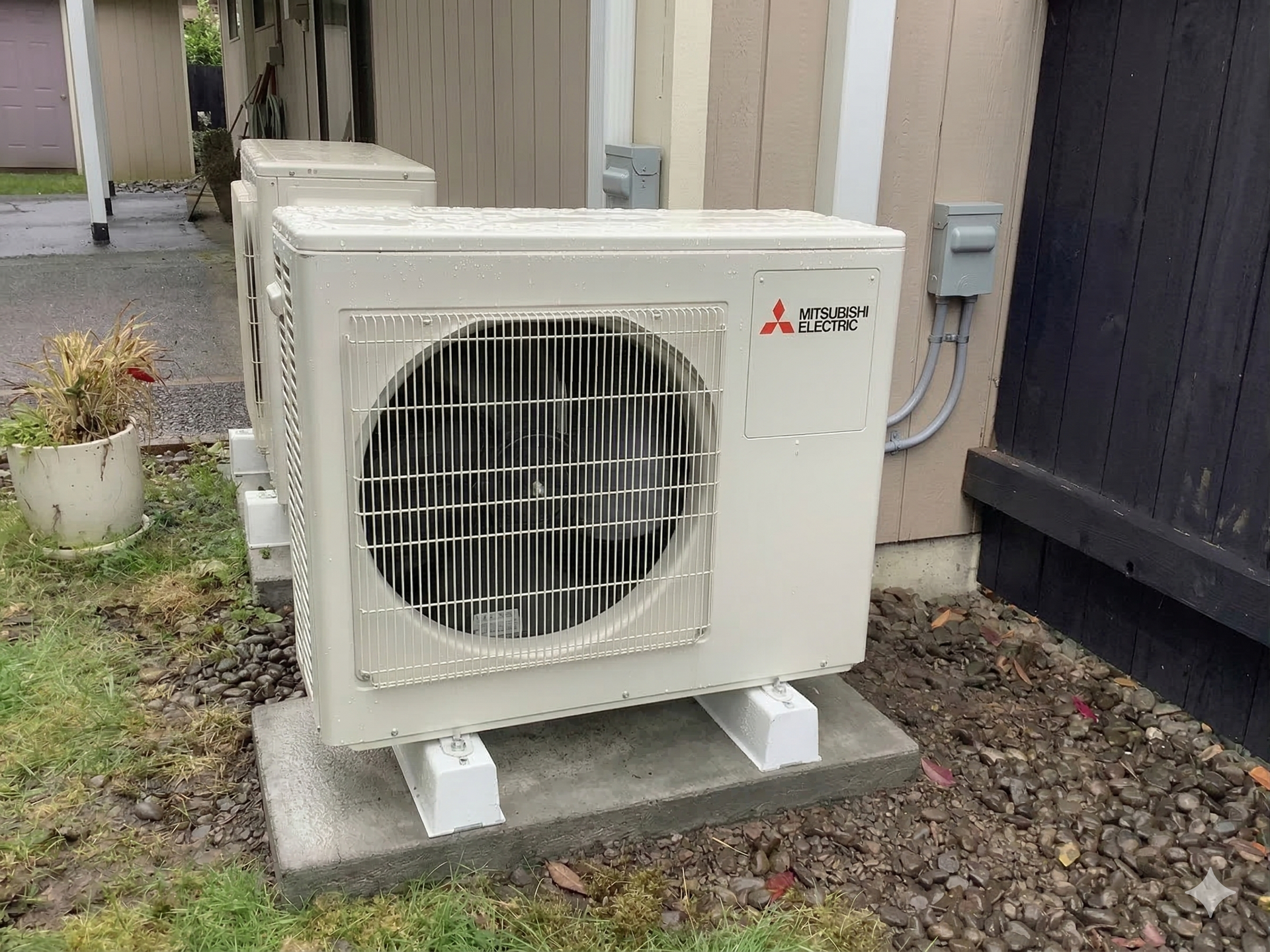 Two beige Mitsubishi outdoor HVAC units sit on concrete pads next to a house exterior.