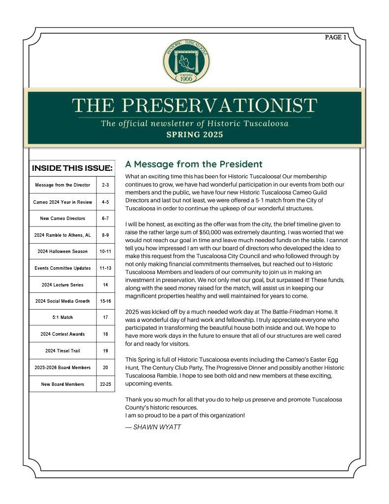 The Preservationist newsletter front page, featuring a table of contents and a message from the president.
