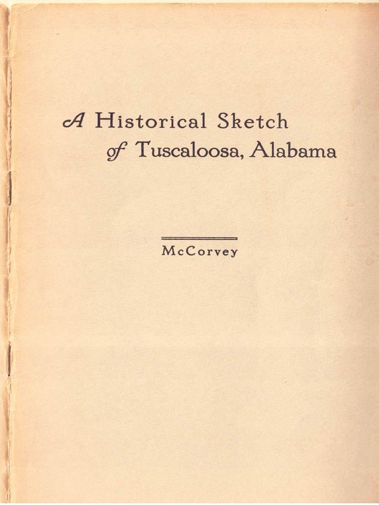 Title page of "A Historical Sketch of Tuscaloosa, Alabama" by McCorvey, with black text on a light beige background.