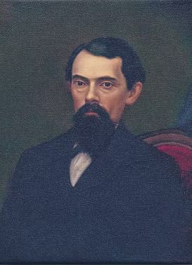 A painted portrait of a man with dark hair and a beard, wearing a dark suit and white shirt, set against a green background.