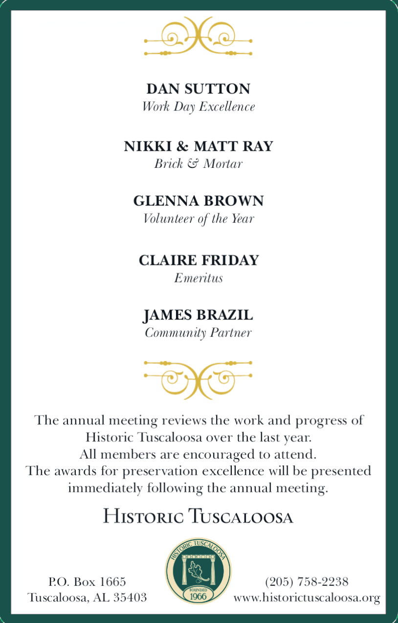 Historic Tuscaloosa meeting announcement listing award recipients, event details, contact info, and organization logo.