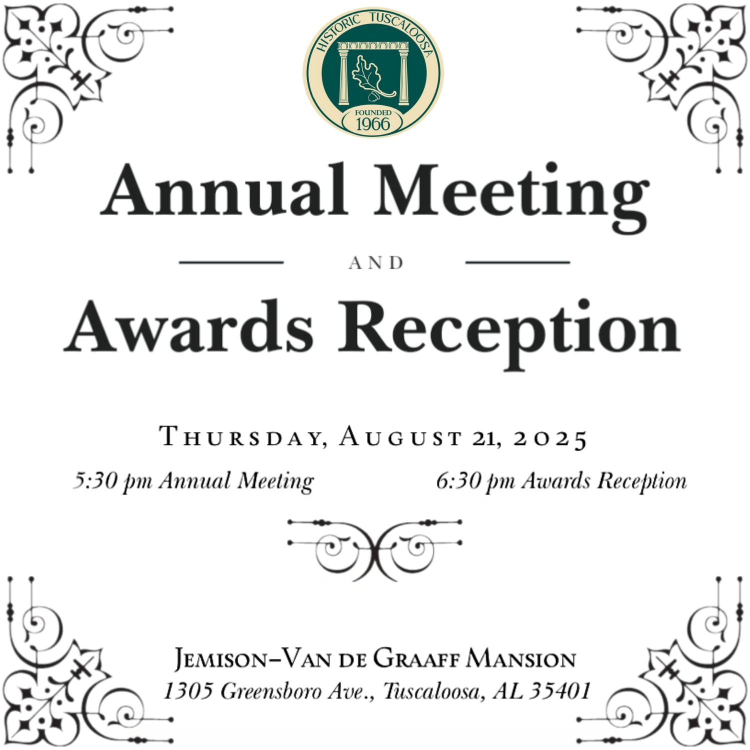 Event invitation for Annual Meeting and Awards Reception on Thursday, August 21, 2025, at the Jemison-Van de Graaff Mansion.
