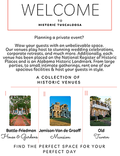 A flyer for Historic Tuscaloosa, featuring three historic venue photos and text inviting readers to rent space for events.