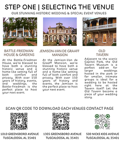 A flyer titled "Step One | Selecting the Venue" showcasing three historic wedding venues in Tuscaloosa with QR codes.