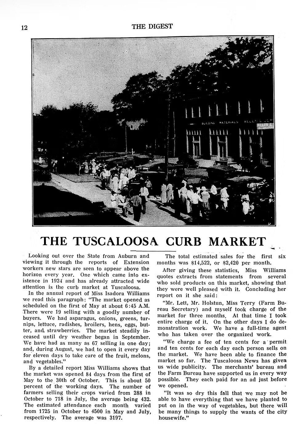 A black-and-white photograph shows a bustling outdoor curb market with people gathered along a sidewalk near several shops.
