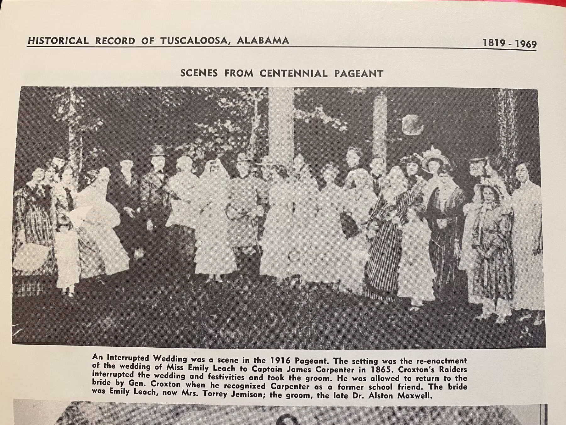 A group of people in period costumes from a 1918 Tuscaloosa centennial pageant recreation of an 1848 wedding.