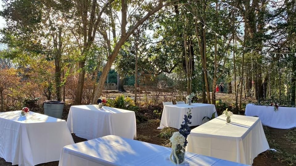 White-clothed tables with floral centerpieces arranged in a sunlit, wooded outdoor event space.