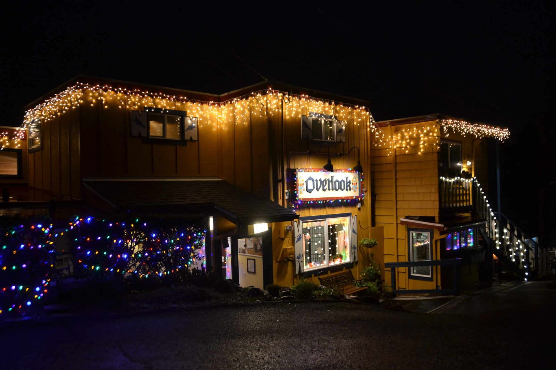 A building with christmas lights on it is lit up at night