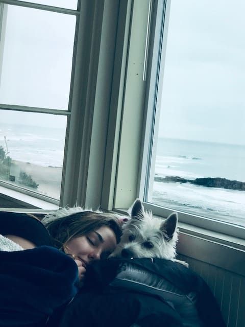 A woman is sleeping next to a dog in front of a window overlooking the ocean.