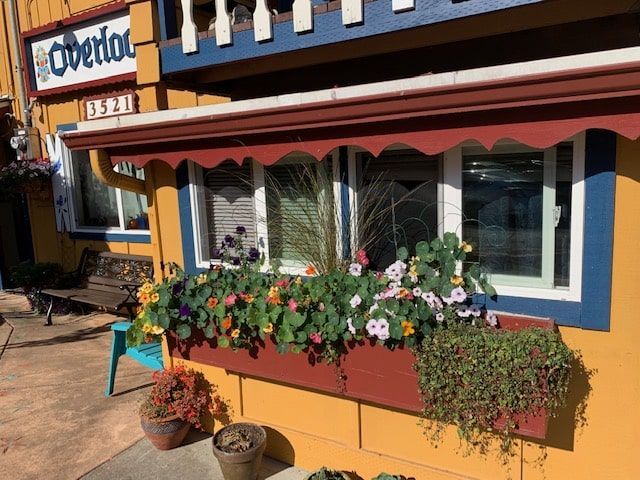 A yellow building with a window box filled with flowers.