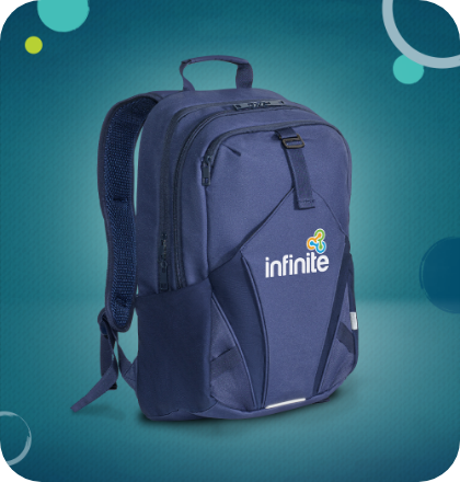 A blue backpack with the word infinite on it