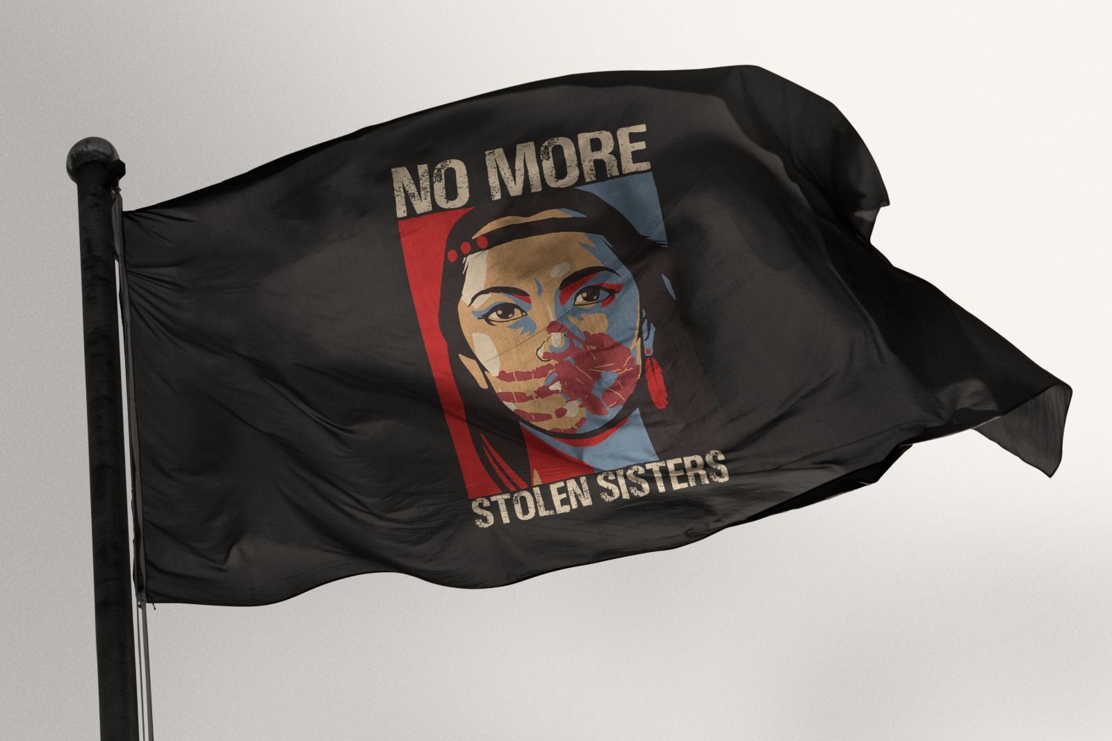 No More Stolen Sisters Flag  - Indigenous woman graphic with red painted hand print over her mouth 