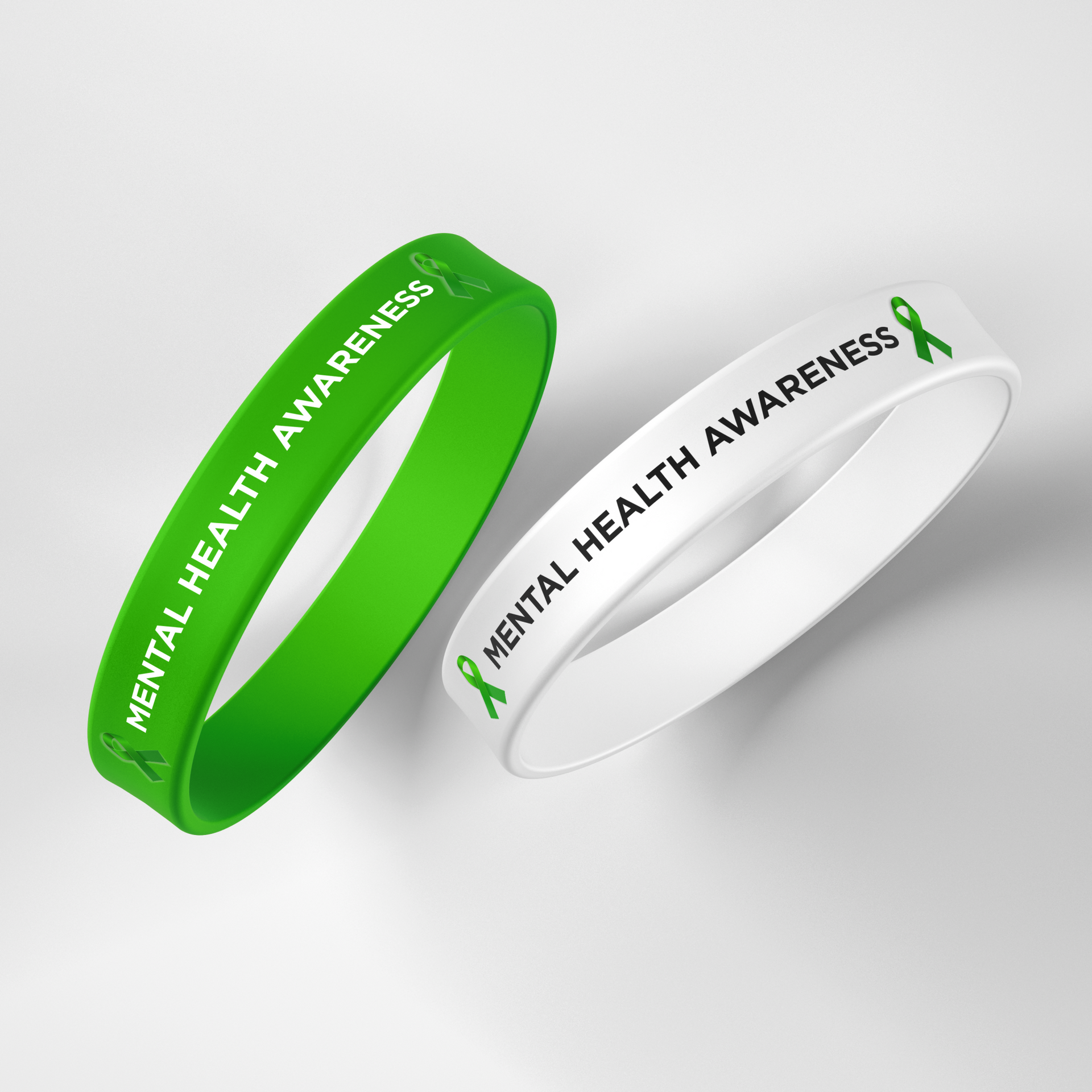 Promotional green and white silicone bracelets supporting Mental Health Awareness