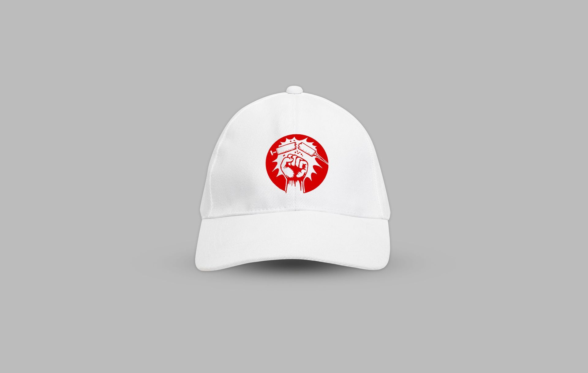 A white baseball cap with a red logo on it on a gray background.