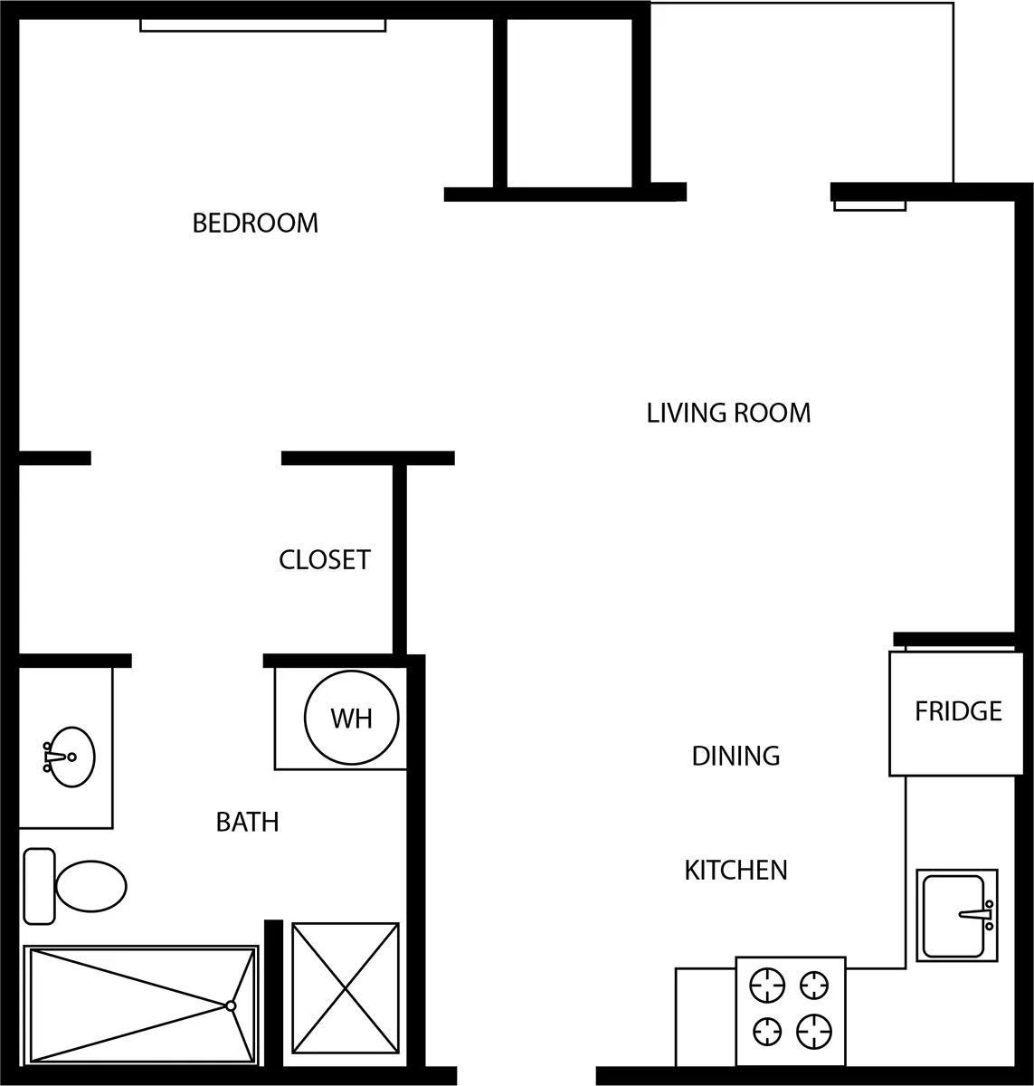A black and white floor plan of a small apartment.