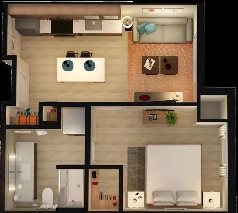 An aerial view of a floor plan of a small apartment.