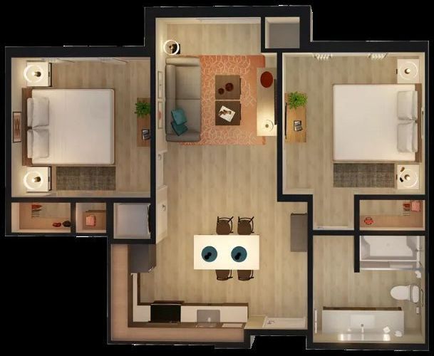 An aerial view of a floor plan of a house.