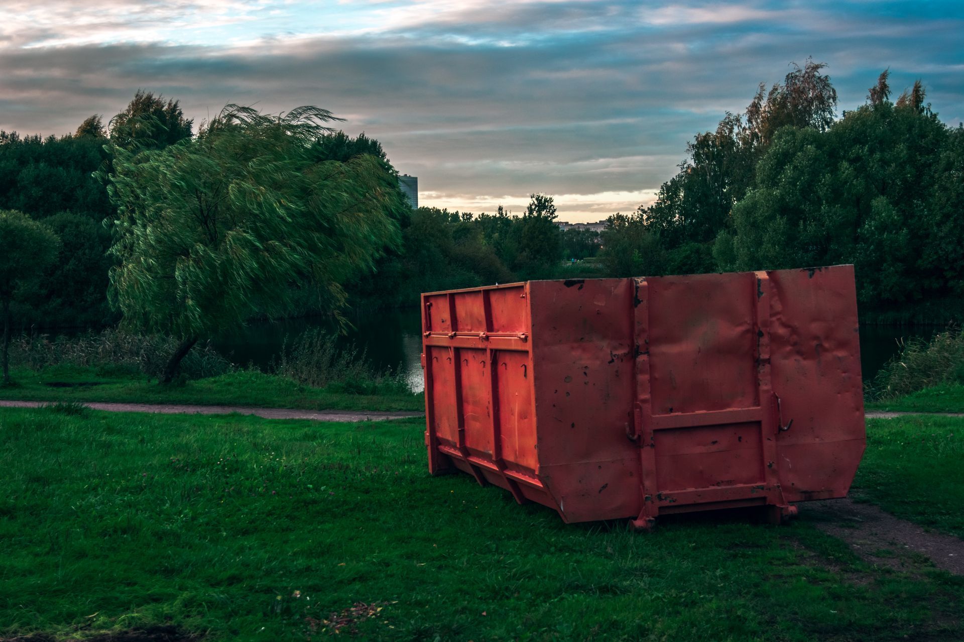 Red dumpster in a grassy park, trees in the background, cloudy sky.