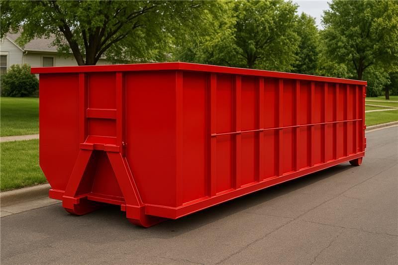 Red dumpster overflowing with cardboard boxes and black trash bags on a gray pavement.