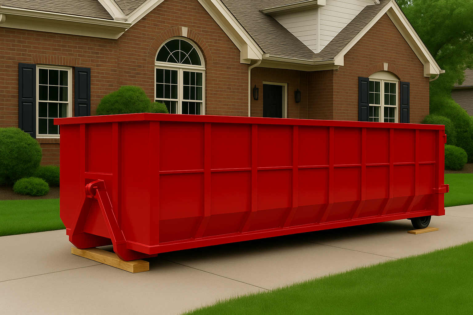 Red dumpster on a brick sidewalk next to a street and buildings.