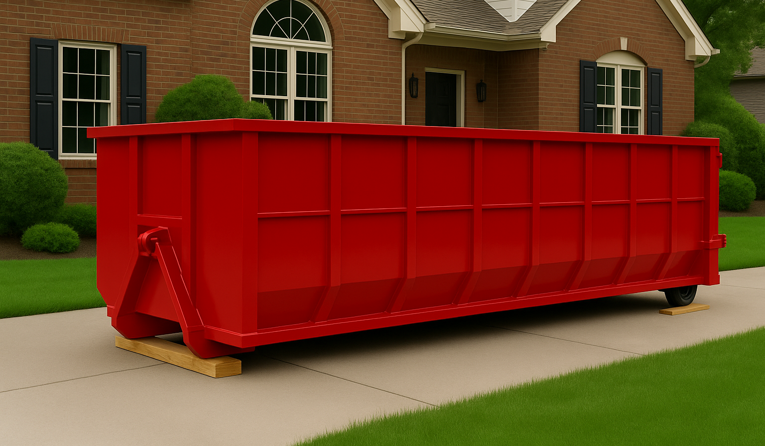Red dumpster on a paved path, in front of buildings and trees.