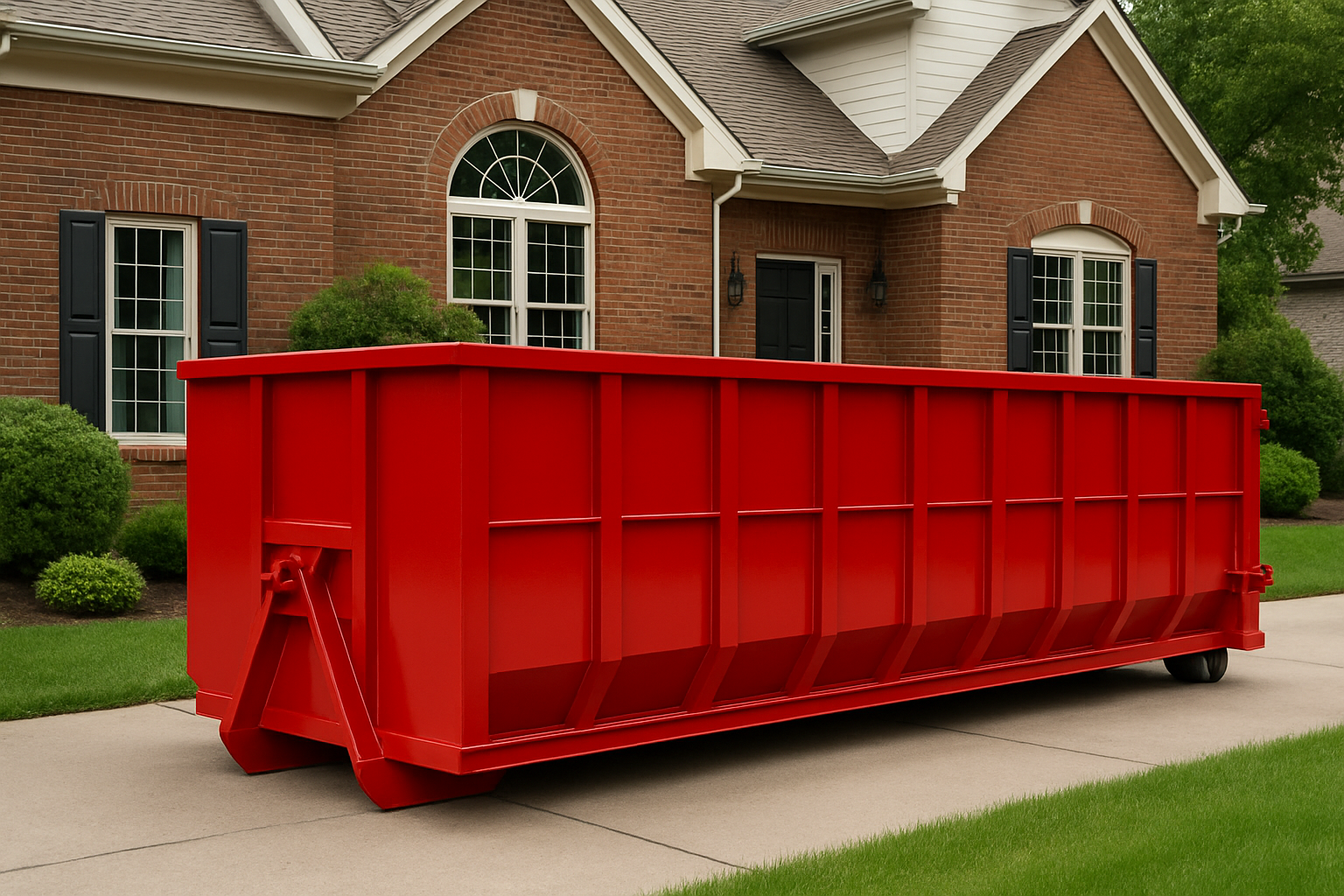 Red construction lift and dumpster on a sidewalk next to a building.