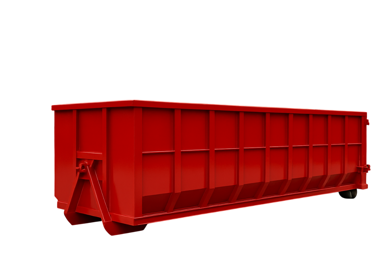 Red construction lift and dumpster on a sidewalk next to a building.