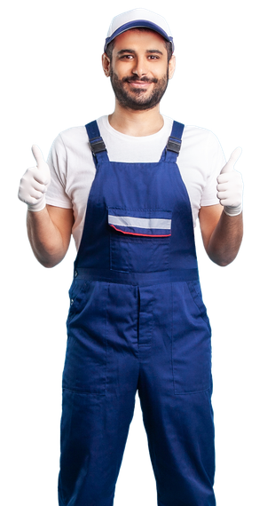 A man in blue overalls is giving a thumbs up.