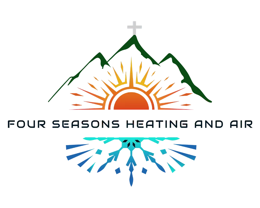 A logo for four seasons heating and air with a mountain , sun , and cross.