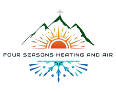 A logo for four seasons heating and air with a mountain , sun , and cross.