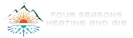 A logo for four seasons heating and air with a mountain , sun , and water.