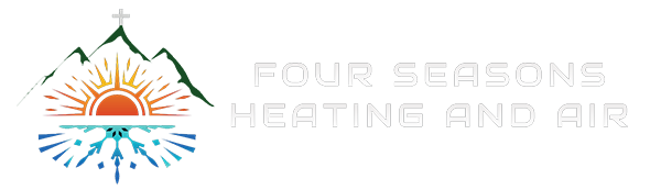 A logo for four seasons heating and air with a mountain , sun , and water.