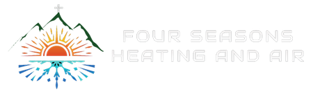 A logo for four seasons heating and air with a mountain , sun , and water.