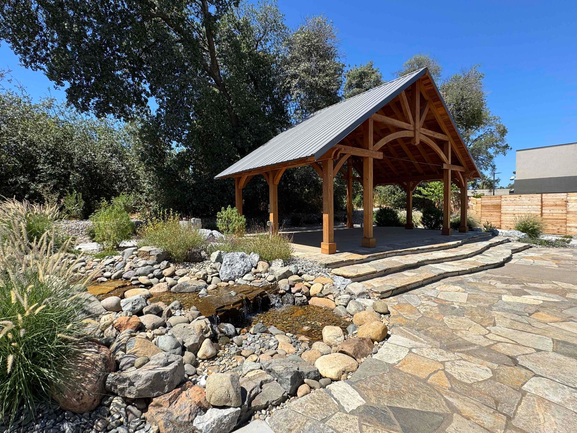 outdoor covered pavilion with water feature