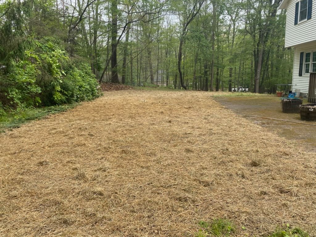 A large pile of wood chips is sitting in front of a house.