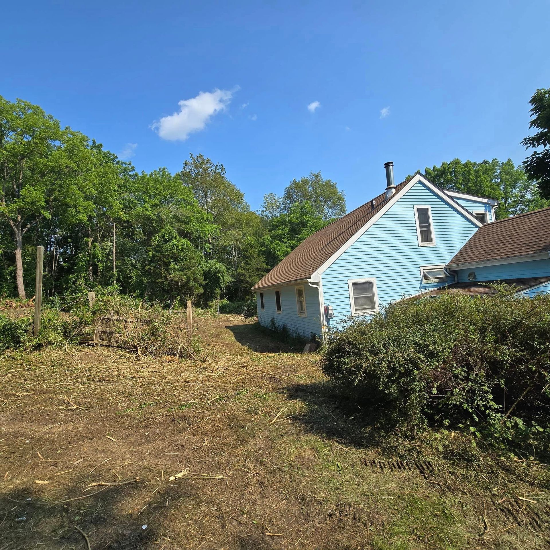 A blue house with a brown roof is surrounded by trees