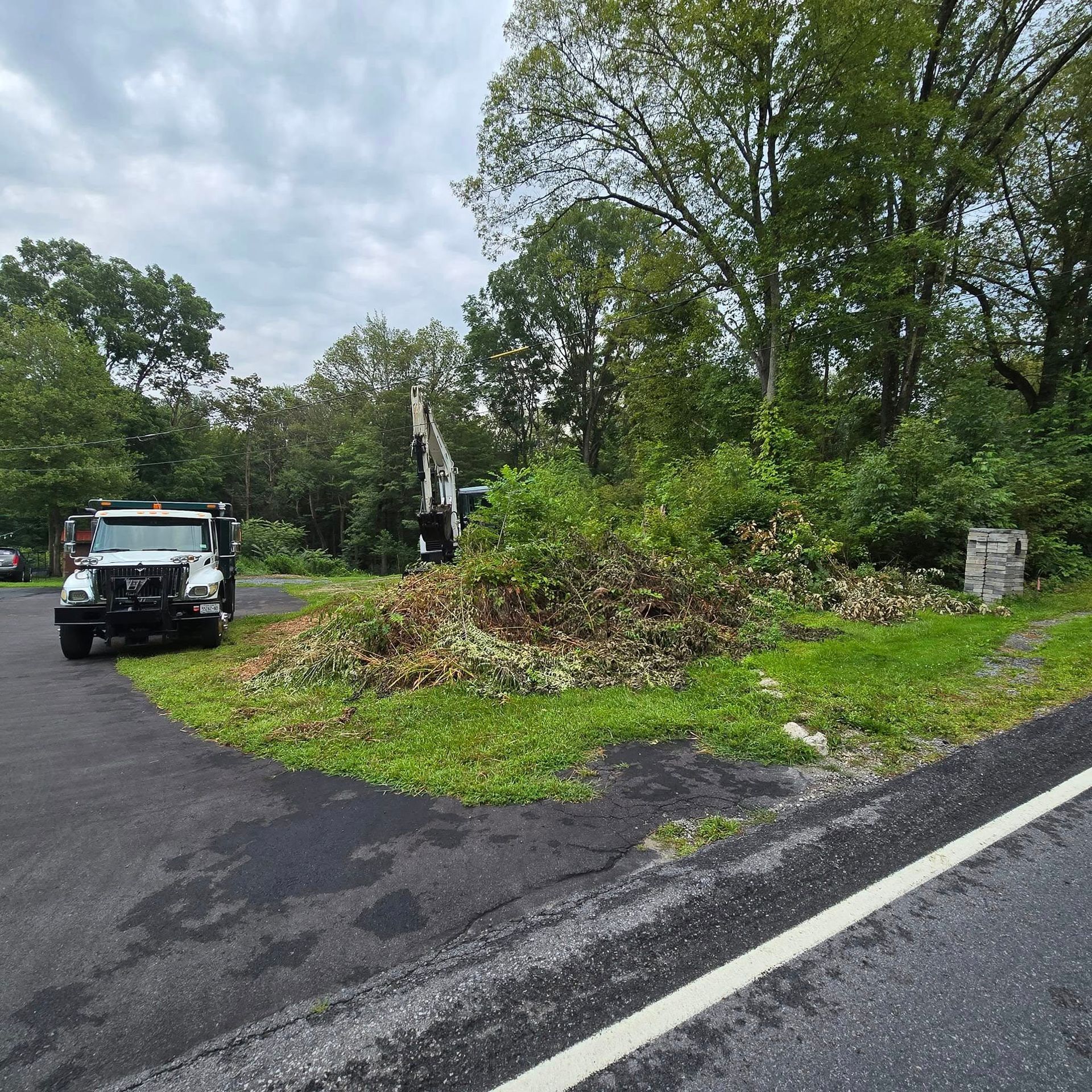 A truck is parked on the side of the road next to a pile of brush.