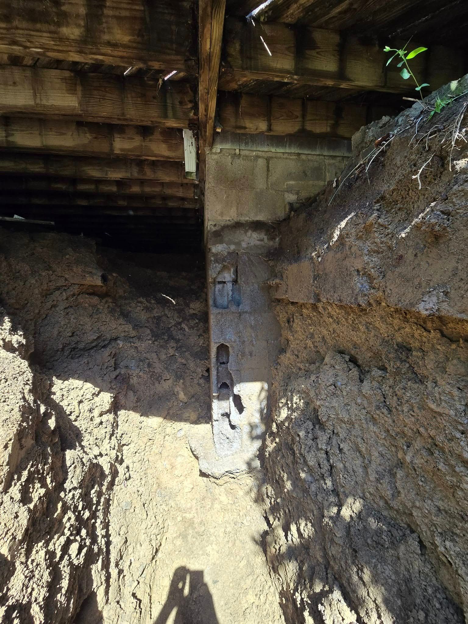 A person is standing in the dirt under a bridge.