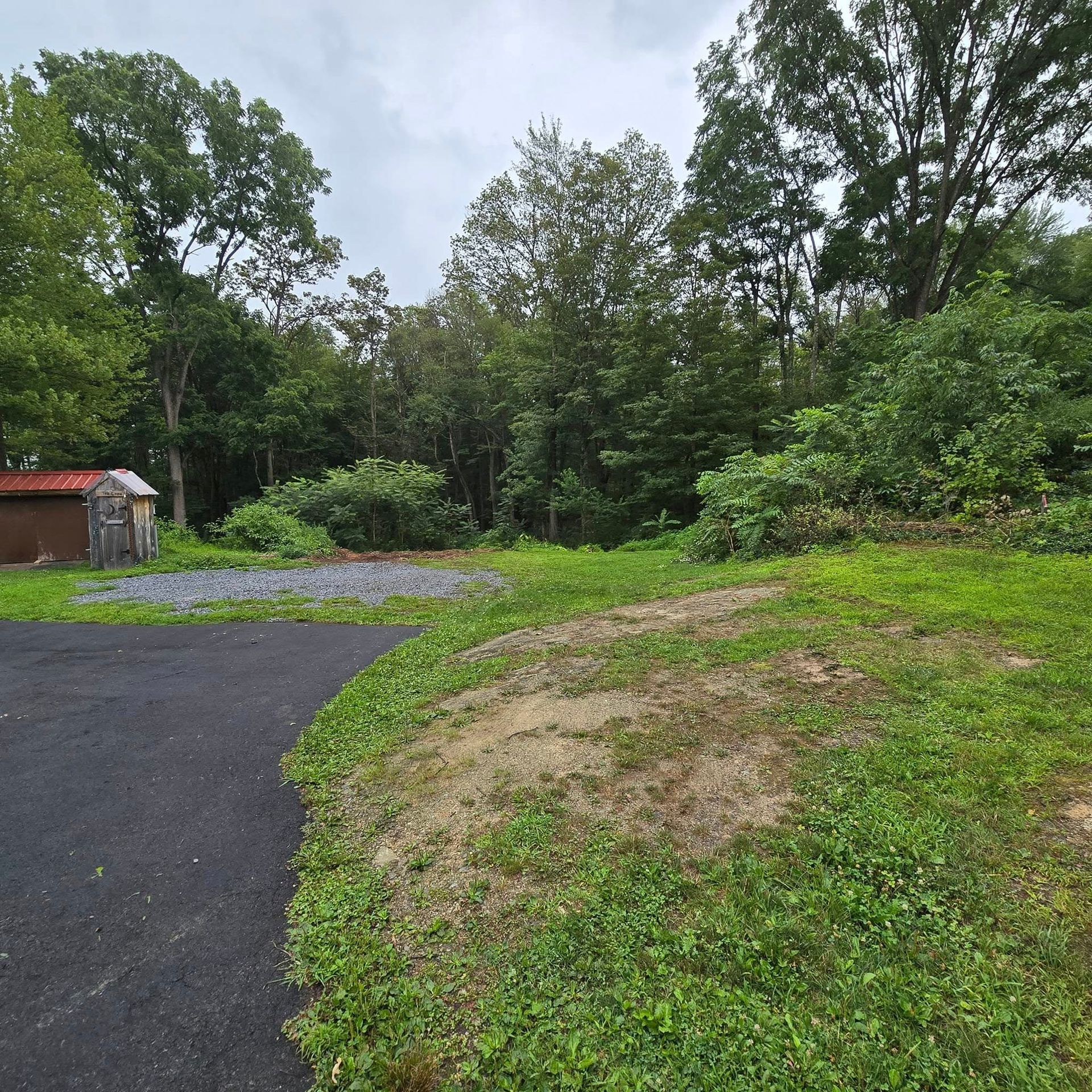 A shed is sitting in the middle of a grassy field next to a road.